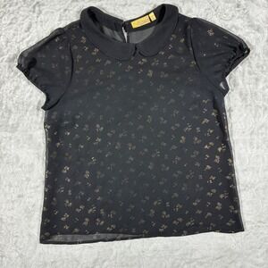 Y2K Black Sheer Mesh Peter Pan Fairy Grunge Top Size L Whimsigoth Twee Gold